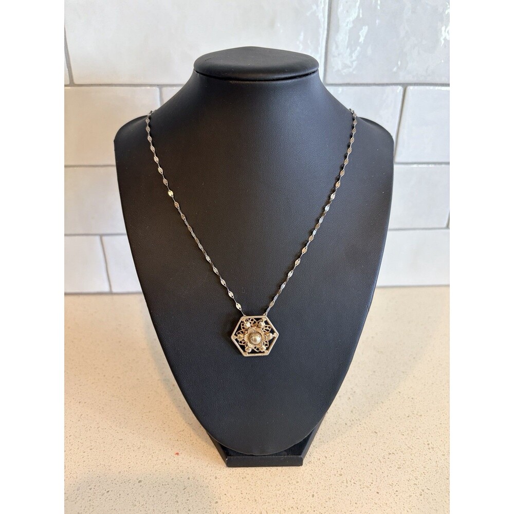 Vintage Sterling Silver Handmade Artisan Style Hexagon Filigree Pendant Necklace